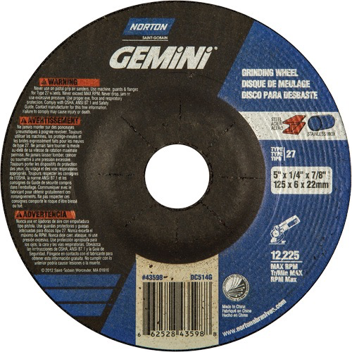 GEMINIᴹᴰ DEPRESSED CENTER GRINDING WHEEL, 5” X 1/4”, 7/8” ARBOR, ALUMINUM OXIDE, TYPE 27