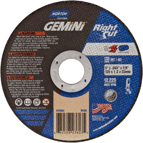 RIGHT ANGLE CUT-OFF WHEEL, 5” X 0.045”, 7/8” ARBOR, TYPE 01/41, ALUMINUM OXIDE, 12,225 RPM