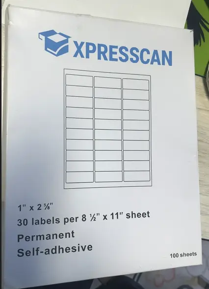 White sticker - 1'' x 2 5/8''- 30 labels per 8 1/2'' x 11'' sheet 100 sheets per box