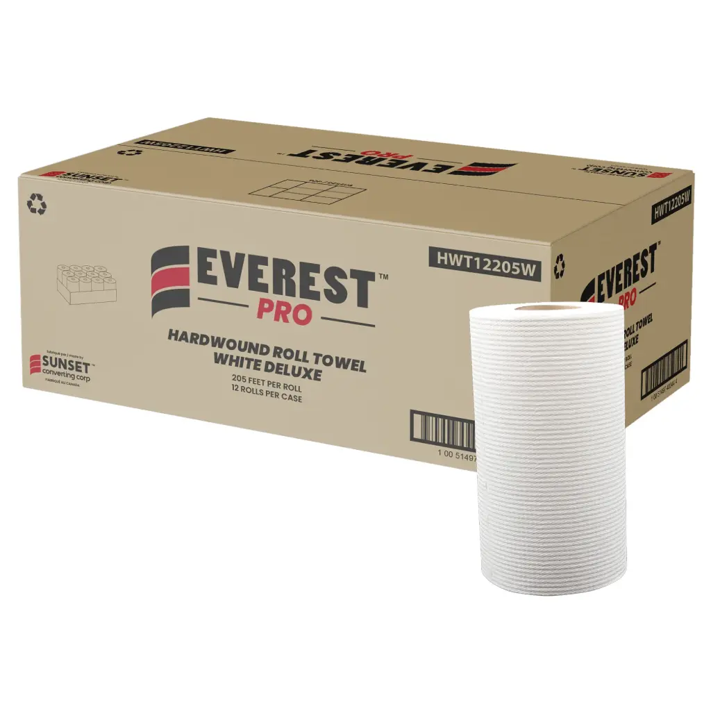 LUXURY WHITE ROLL HAND TOWELS, 1 PLY, CENTER PULL, 205’ LENGTH