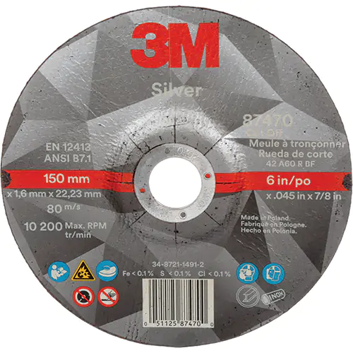 3M MEULE À TRONÇONNER SILVER, 6" X 0,045", ARBRE DE 7/8", TYPE 27, CÉRAMIQUE, 10 200 TR/MIN 