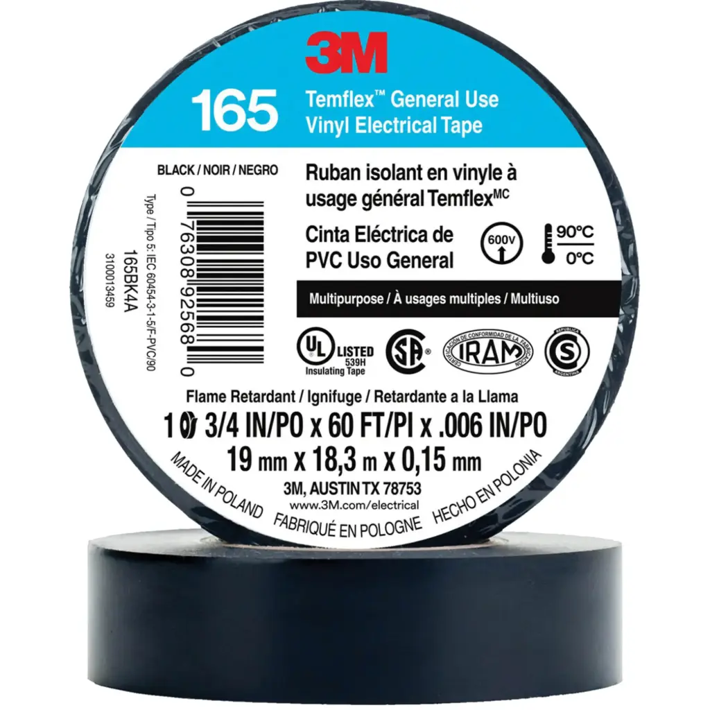 RUBAN ISOLANT EN VINYLE À USAGE GÉNÉRAL TEMFLEXMC 165, 19 MM (3/4”) X 18 M (60’), NOIR, 6 MILS