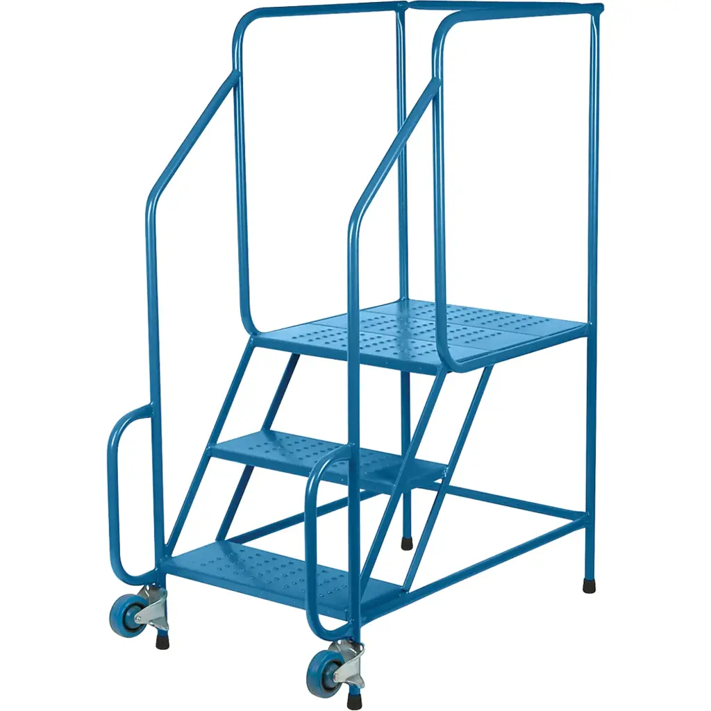 TILT-N-ROLL STEEL LADDERS, 3 STEPS, WIDTH 22”, 24” DEPTH X 27” HEIGHT PLATFORM STEP