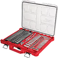 [TER124] ENSEMBLE DE CLIQUET ET DOUILLES AVEC ORGANISATEUR À PROFIL BAS PACKOUT, 106 MCX, PRISE 1/4"/3/8", PROFOND – MILWAUKEE