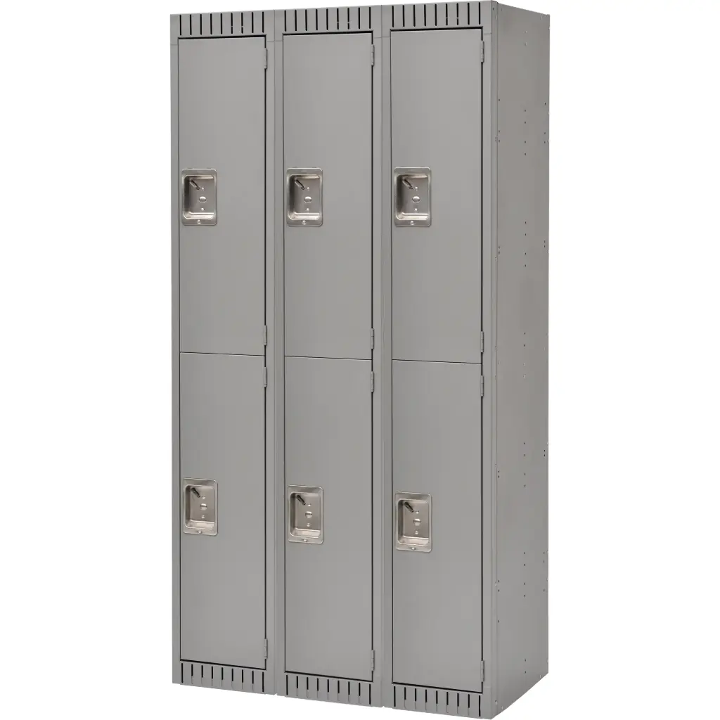 [fn465] LOCKERS, 2 TIER, 3-UNIT BLOCK, 36” X 18” X 72”, STEEL, GRAY, RIVETED (ASSEMBLED)