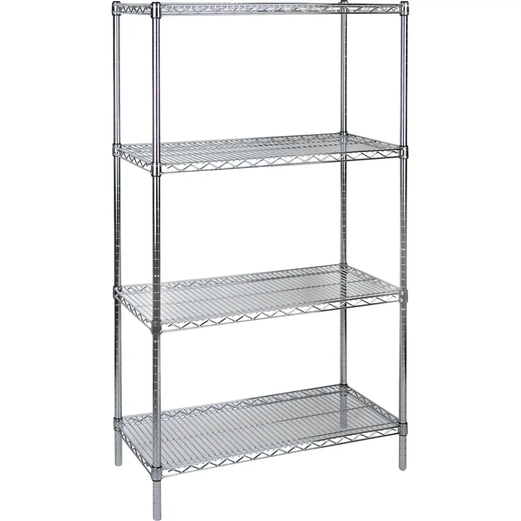 STANDARD-DUTY CHROME WIRE SHELVING UNIT, 4 TIERS, 72” W X 63” H X 24” D