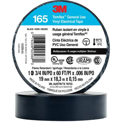 [XI861] RUBAN ISOLANT EN VINYLE À USAGE GÉNÉRAL TEMFLEXMC 165, 19 MM (3/4”) X 18 M (60’), NOIR, 6 MILS