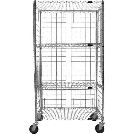 [RN562] CHARIOT FERMÉ EN TREILLIS MÉTALLIQUE, CHROMÉ, 36" X 69" X 24", CAPACITÉ 800 LB
