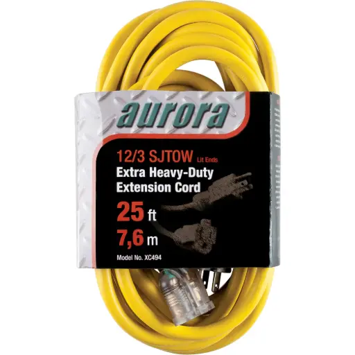 [XC494] VINYL EXTENSION CORD WITH LIGHTED END, OUTDOOR, SJTOW, AWG 12/3, 15 A, 25’